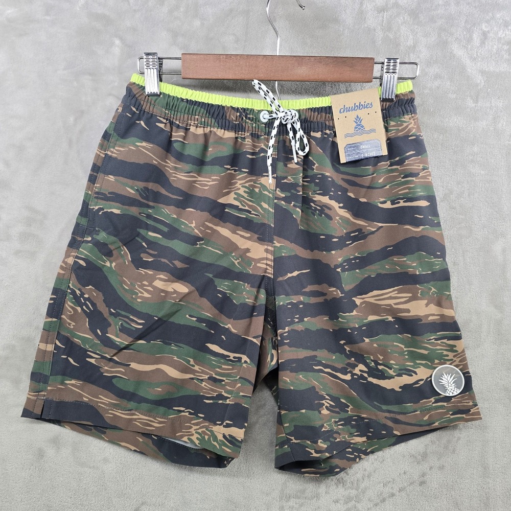 Chubbies The Frog Standards Swim Trunks Mens Small Camo 7" Inseam Neon Green